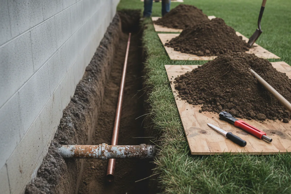 Excavated water line trench during Water Heater Repair in Gay